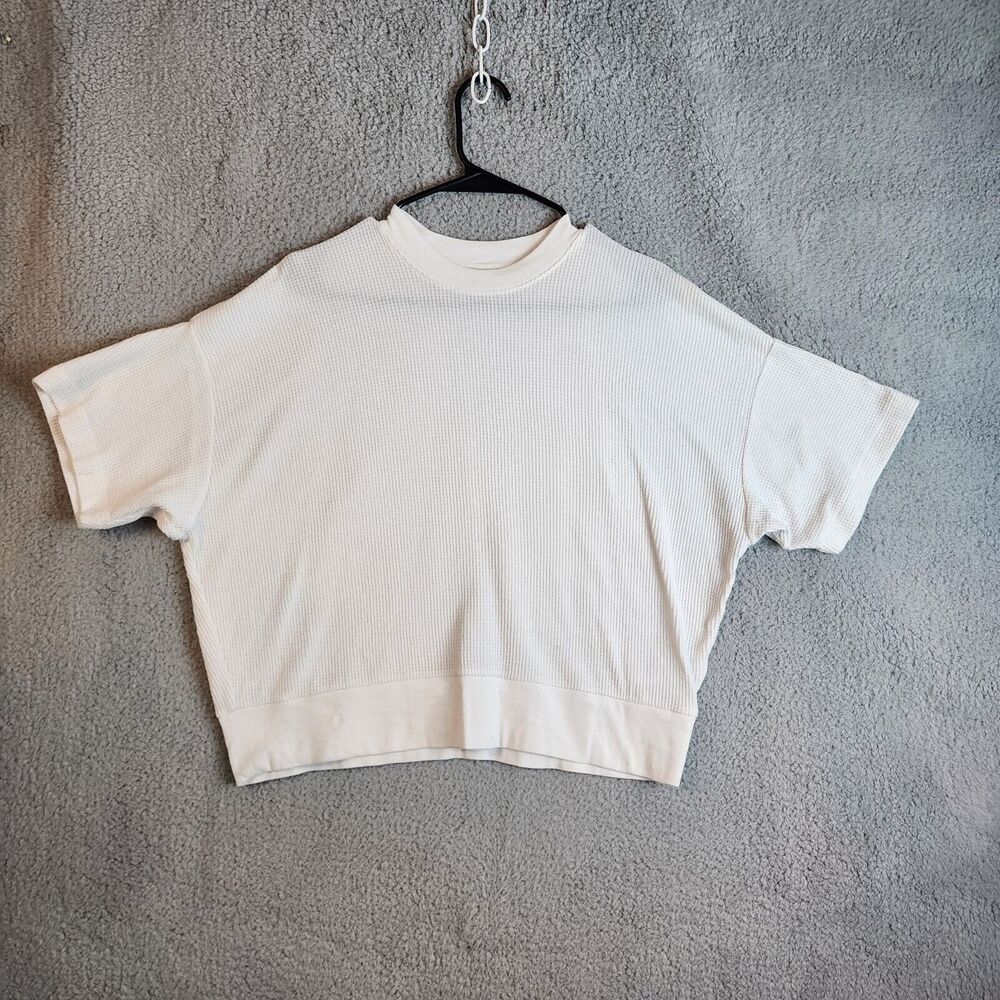 Madewell Womens Medium Waffle Knit Mock Neck Short Sleeve Sweater Top Cream